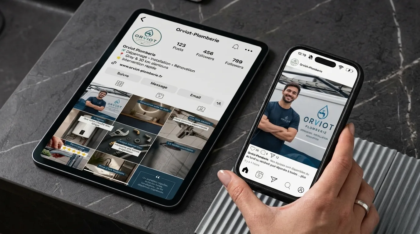 Profil Instagram d'un artisan plombier affiché sur tablette et smartphone