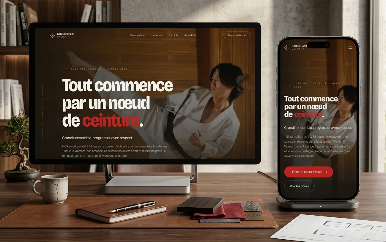 Site vitrine responsive d'un club de karaté affiché sur ordinateur et mobile