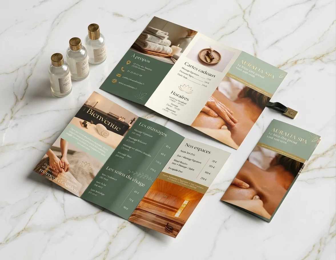 Dépliant trois volets d'un spa, ouvert et fermé, posé sur un plan en marbre